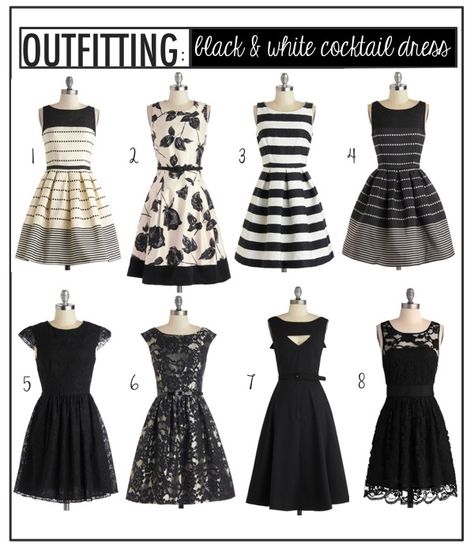 Outfitting: Black & White Cocktail Dresses. #fashion #black #white #dress Black And White Dress Outfit, Black And White Cocktail Dress, White Cocktail Dresses, Black And White Cocktail Dresses, Retro Cocktail Dress, Black And White Cocktail, Cocktail Dress Code, Retro Cocktail, Kendall Style