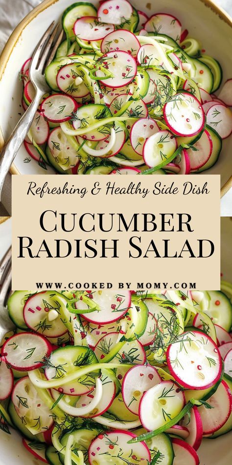 This crisp cucumber radish salad is a light and refreshing dish with a zesty lemon-dill dressing. Perfect as a side for summer meals, BBQs, or a quick healthy snack. Ready in just 10 minutes! Pasta Salad Recipes Mexican, Filling Dinner Recipes, Healthy Grill Recipes, Cucumber Radish Salad, Refreshing Spring Recipes, Kid Friendly Vegetarian Recipes, Dinner Salad Recipes, Brussels Sprouts Recipes, Spring Side Dishes