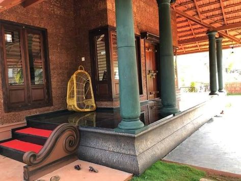 Out look create Sit Out Ideas House Kerala, Manduva House, Terracotta Roof House, Portico Entry, Entrance Steps, Small House Design Kerala, Kerala Traditional House, Indian Houses, Theme Restaurant