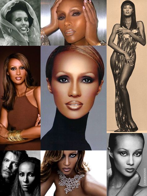 Iman Mohamed Abdulmajid (Somali: Iimaan Maxamed Cabdulmajiid, Arabic: ايمان محمد عبد المجيد‎) (b. July 25, 1955),  known as Iman (which means "faith" in Arabic), is a Somali model, actress & entrepreneur. A pioneer in the field of ethnic cosmetics, she is noted for her charitable work. While at the University of Nairobi, she was discovered by photographer Peter Beard. Her assignment was for Vogue a year later in 1976. She soon established herself as a supermodel. She is married to David Bowie. Iman Cosmetics, Makeup Cantik, Sultry Makeup, Deep Set Eyes, Makeup Class, Braut Make-up, Linda Evangelista, Top Models, Eye Makeup Tips