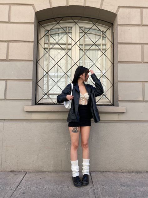 Cute Black Leather Jacket Outfit, Leather Jacket Outfit Skirt Aesthetic, Leather Jacket Black Skirt Outfit, Black Jacket Skirt Outfit, Black Skirt Leather Outfit, Leather Skirt With Leather Jacket, Black Skirt And Leather Jacket Outfit, Black Mini Skirt Leather Jacket, Jean Skirt Leather Jacket Outfit