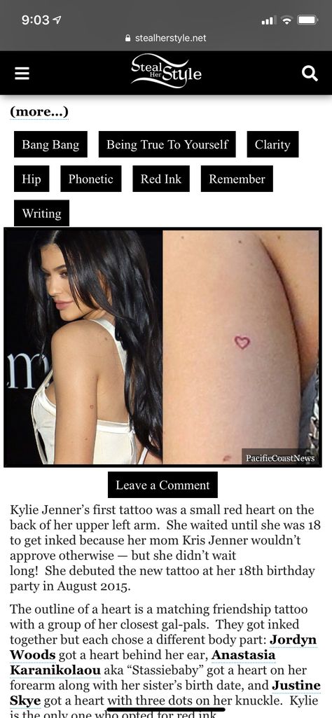 Kylie Jenner's Tattoos, Upper Arms, Kris Jenner, Red Ink, Tattoo Design Drawings, First Tattoo, Be True To Yourself, Heart Tattoo, Kylie Jenner