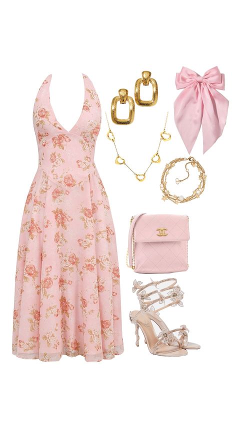 Girly Vacation Outfits, Pink And Gold Outfit Women, Pink And Gold Outfit, Natural Outfit, Clueless Outfits, Classy Prom Dresses, Gold Outfit, Cute Dress Outfits, Outfit Pink