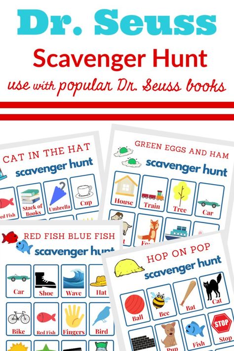 Whether as a reading and word recognition activity or as a game, this free Dr. Seuss Scavenger Hunt printable is always a hit with children of all ages. #drseuss #printable #scavengerhunt Dr Seuss Scavenger Hunt, Dr Seuss Game, Book Scavenger Hunt, Dr Seuss Preschool, Dr. Seuss Book, Hop On Pop, Dr Seuss Activities, Dr Seuss Crafts, Scavenger Hunt Printable