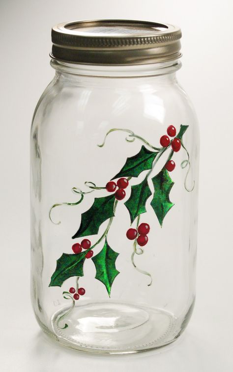 Christmas Gift - Quart Mason Jar with painted holly Mason Jar Art, Crafts With Glass Jars, Painting Glass Jars, Painted Glass Bottles, Mason Jar Projects, Diy Glass Bottle Crafts, Christmas Wine Bottles, Jar Art, Wine Bottle Art