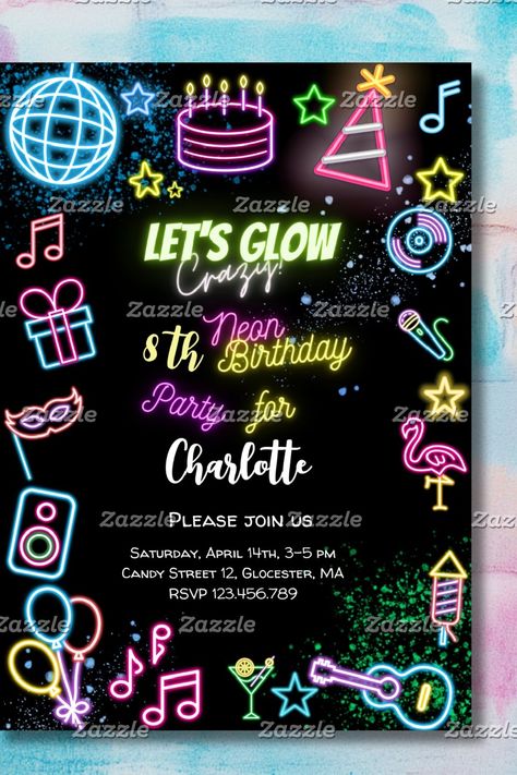 🏷️$1.98 📢Before Discount - 🎁 Neon birthday party line 🥳🎉🥂🎁🔥 neon, glow, let's glow, crazy, birthday, party, let's glow crazy, disco, colorful, black Neon Birthday Invitations, Crazy Birthday, Neon Birthday Party, Neon Birthday, Neon Glow, Birthday Invitations, Birthday Party, Neon, Birthday