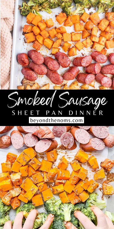 smoked sausage, butternut squash, broccoli, potatoes on a sheet pan Sheetpan Sausage And Veggies, Pork Sausage Sheet Pan Dinner, Pork Sheet Pan Dinner Recipes, Sheet Pan With Sausage, Sweet Potatoes And Sausage Recipes, Keilbasa Recipes Sheetpan, Healthy Meals With Smoked Sausage, Beef Sausage Sheet Pan Dinner, Polish Sausage Sheet Pan Recipes