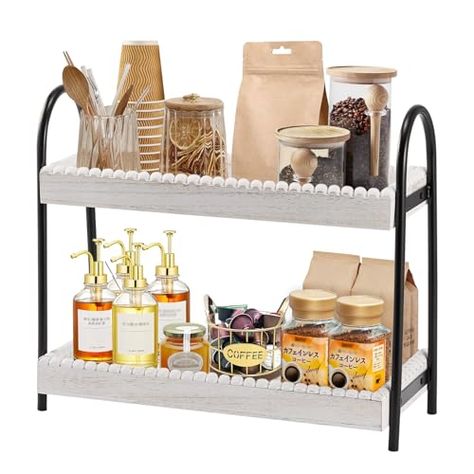 2 Tier Coffee Bar Organizer, Wood Coffee Bar Accessories Shelf for Countertop, Rustic Coffee Station Organizer Decor Stand Rack for Mugs Cups Syrup, Condiment Storage Holder for Kitchen, Home, Office Coffee Bar In Office Small Spaces, Coffee Bar Accessories Decorating Ideas, Tea Countertop, Coffee Bar Small Space, Coffee Bar Ideas For Small Spaces, Tea Station Kitchen, Coffee Tea Bar Station, Tea Bar Station, Tea Station Ideas Small Spaces