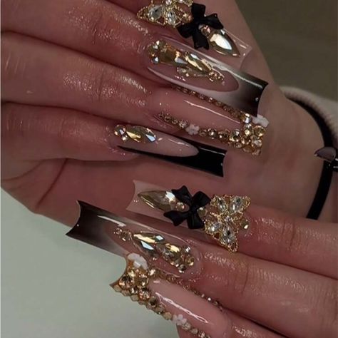 Super Cute And Stylish Ships In 5-10 Business Days Xl Ballerina Nails Designs, Long Nail Designs Fall Colors, Star Bling Nails, Black Crystal Nail Designs, Fall Nails Polygel, Pastel Nails With Rhinestones, Long Nail Designs Coffin Bling, Black Encapsulated Nails, Gold And Black Quinceanera Theme