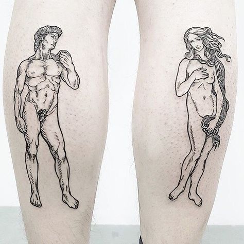 David by Michaelangelo and Birth of Venus by Sandro Botticeli Michaelangelo David Tattoo, The David Tattoo, Michaelangelo Tattoos, Renesance Tattoo, David Statue Tattoo, David Michaelangelo, Afrodita Tattoo, Statue Of David Tattoo, Birth Of Venus Tattoo