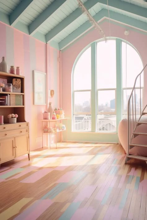 Pastel Colors Scheme, Pastel Staircase, Pastel 80s Aesthetic, Pastel Interior Design Living Room, Pastel Pink Aesthetic Room, Pastel Entryway, Pastel House Exterior, Room Aesthetic Pastel, Pastel Color Room