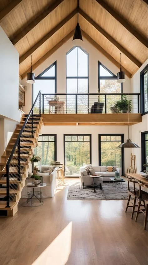 large windows in a mountain home, modern design, loft area, ai home design, #homedesign Modern Aframe Houses, Farmhouse With Big Windows, Rustic Modern Exterior Home, House Plans Lots Of Windows, Loft Above Living Room, Houses With Lots Of Windows, House Lots Of Windows, Cabin With Lots Of Windows, Big Window House