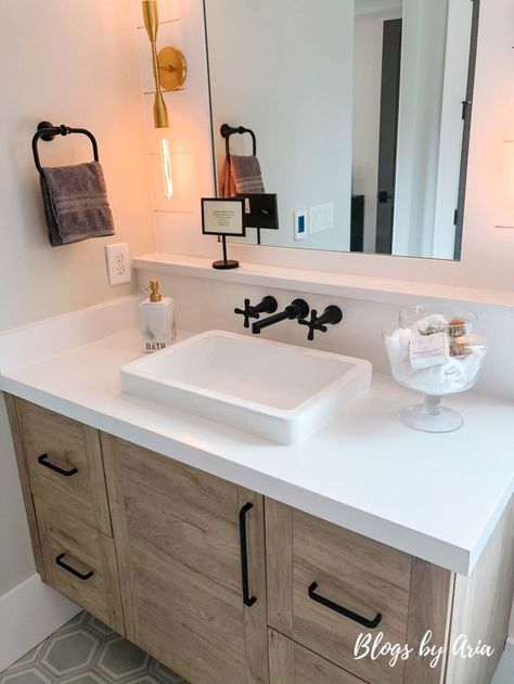 Bathroom Vanity Raised Sink, Bathroom Vanity With Raised Sink, Bathroom Raised Sink, Raised Bathroom Sinks, Bathroom Sink Renovation, Washed Oak Vanity Bathroom, Raised Sink Bathroom Vanity, Bathroom Sink Ideas Modern, White Wash Bathroom Vanity