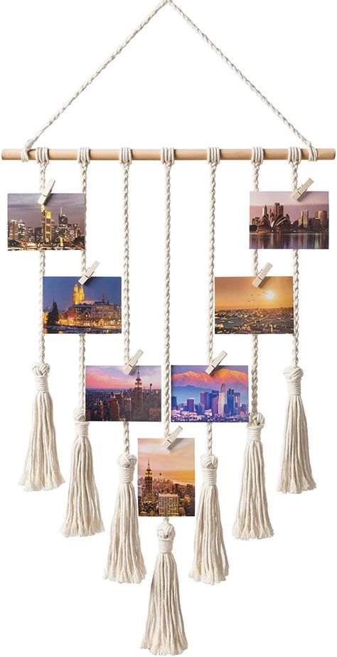 AmazonSmile - Mkono Hanging Photo Display Macrame Wall Hanging Pictures Decor Boho Chic Home Decoration for Apartment Bedroom Living Room Gallery, with 25 Wood Clips - Jute Wall Hanger, Other Uses For Macrame Triangle Banner, Displays Using Picture Frames, Just For Picture Size, Picture Frames Hanging From Trees, Photo Wall Hangers, Hanging Picture Frames With Chain, Dollar Tree Macrame Wall Hanging, Framed Sticks Wall Art