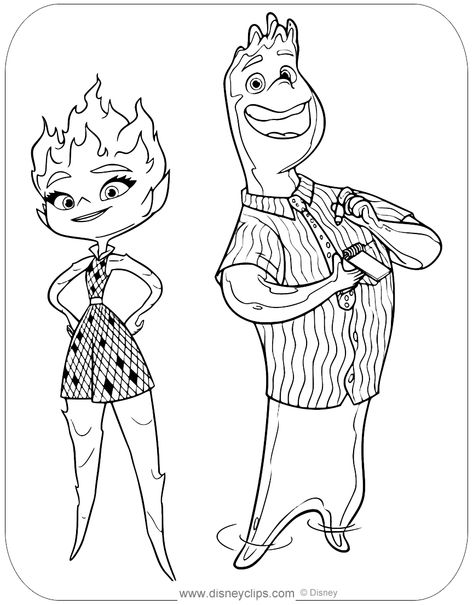 Coloring page of Ember and Wade from Disney Pixar's Elemental Spiderman Coloring Pages, Spiderman Coloring, Disney Drawings Sketches, Disney Princess Coloring Pages, Mermaid Coloring Pages, Disney Colors, Princess Coloring, Art Disney, Mermaid Coloring