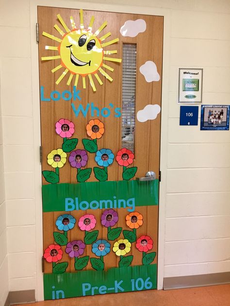 PreK Spring door. Look Who's Blooming Flower Theme Classroom Door Decoration, Preschool Door Decorations Spring, Spring Door Ideas For Preschool, Spring Door Decorations For Preschool, Flower Door Decorations Classroom, Spring Classroom Door Ideas Preschool, Spring Preschool Door Ideas, Spring Door Ideas For Classroom, Spring Door Decorations Classroom