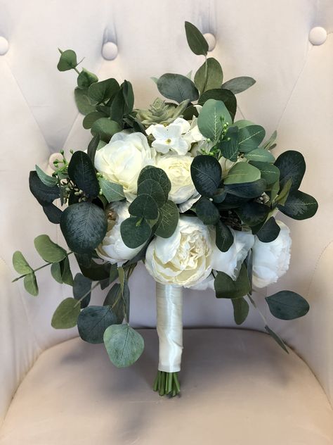 wedding bouquet made with eucalyptus, peonies, succulents Wedding Bouquets Eucalyptus, Wedding Bouquets Peony, Wedding Bouquets Peonies, Bouquets Eucalyptus, Bouquets Peonies, Peony Bouquet Wedding, Eucalyptus Bouquet, Couple Wedding Rings, Wedding Dress Trends