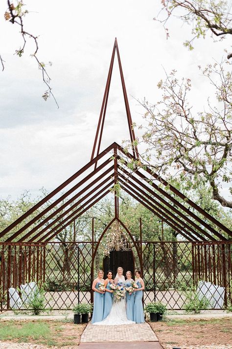 Legacy Ranch Wedding Chapel, Fredericksburg, Texas, open air wedding chapel, spring wedding, dusty blue bridesmaid dress with bright florals Dusty Blue Bridesmaid Dress, Open Air Chapel, Open Air Wedding, Elk Photography, Dusty Blue Bridesmaid, Fredericksburg Texas, Dusty Blue Bridesmaid Dresses, Rainy Wedding, Vintage Wedding Theme