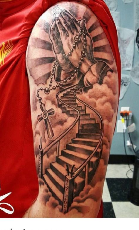 Stairway To Heaven Tattoo, Religious Tattoo Sleeves, Heaven Tattoo, Praying Hands Tattoo, Heaven Tattoos, Christ Tattoo, Forarm Tattoos, Religious Tattoo, Half Sleeve Tattoos For Guys