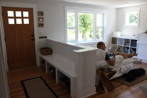 How to separate an entryway or front door from an open layout living room using furniture, built ins and bookshelves. Photo via Growing Roots Half Walls, Living Room Furniture Layout, Trendy Living Rooms, Entryway Ideas, Living Room Remodel, Livingroom Layout, Furniture Layout, Room Remodeling, Room Dividers