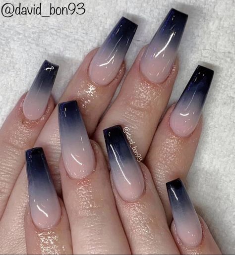 Trendy Nails Ombre Blue, Black Ombre Coffin Acrylic Nails, Dark Ombre Nails Coffin, Blue Ombre Acrylic Nails Coffin, Nails Inspiration Black And Blue, Dark Nail Designs Coffin, Tan To Black Ombre Nails, Ombre Navy Nails, Dark Blue Ombre Nails Acrylic