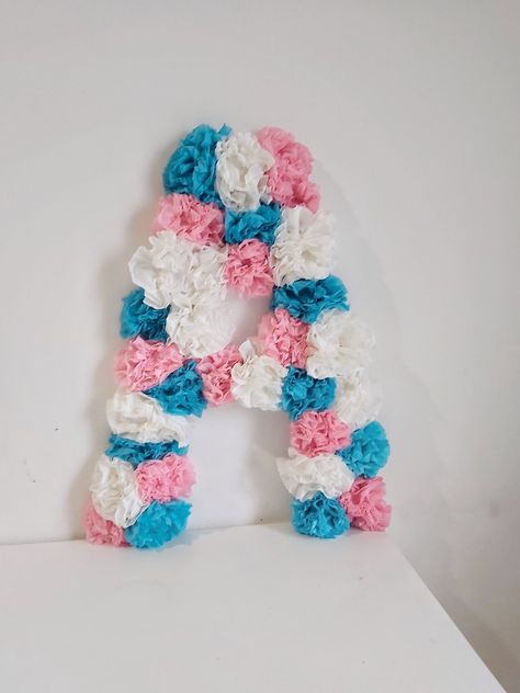 Letter made of tissue flowers. Tissue Paper Crafts, Tissue Flowers, Flower Letters, Letter A Crafts, Tissue Paper, First Birthdays, Alphabet, Paper Crafts, Birthday