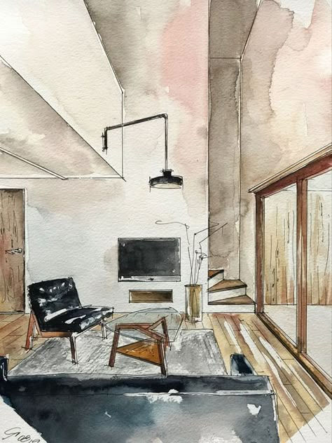 From Concept to Refined Masterpiece in Sketching Watercolor Interior Perspective, Interior Design Hand Rendering, Interior Design Sketches Perspective, Interior Design Watercolor, Watercolor Living Room, Interior Architecture Sketch, Interior Design Sketchbook, Furniture Design Sketches, Drawing Interior