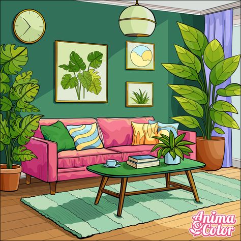 Living Room Drawing Illustration, Cartoon Room, Living Room Cartoon, Living Room Drawing, August Crafts, Playful Palette, Indian Room Decor, Color Design Inspiration, Interior Design Sketches