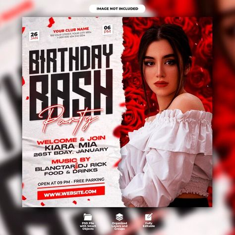 Birthday Party Poster Design, Birthday Pubmat, Bollywood Night, Ig Edit, Logo Design Women, Free Social Media Templates, Fire Horse, Party Layout, Free Psd Flyer