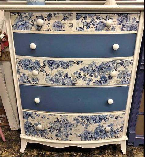 Lakewood blue and white chalk paint with floral decoupage to match  ￼ ￼ ￼ ￼ Dresser Makeover White, White Painted Dressers, Blue And White Dining Room, Furniture Decal, Floral Decoupage, Holly Smith, Pretty Furniture, Painted Bedroom Furniture, Decoupage Furniture