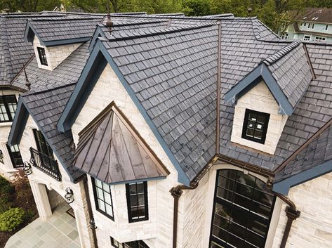 #1 Synthetic Slate Roofing - Composite Slate Roof Tiles: 50 Year Warranty Faux Slate Roof, Slate Roof House, Slate Roof Shingles, Exterior Black Windows, Synthetic Slate Roofing, Home Exterior Colors Schemes, Stone Porch, Porch With Fireplace, Farmhouse Exterior Ideas