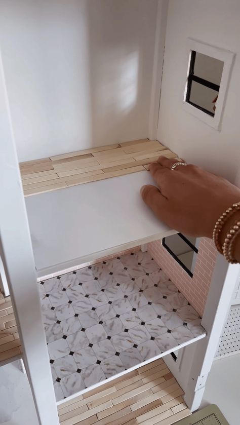 Dollhouse Reno | Part 3 – Walls, Floors + Kitchen - Laura Jade Prado Dollhouse Kitchen Wallpaper, Dollhouse Walls Diy, Dollhouse Flooring Diy, Wall Dollhouse, Dollhouse Kitchen Cabinets, Dollhouse Renovation, Diy Hardwood Floors, Dollhouse Door, Doll House Flooring