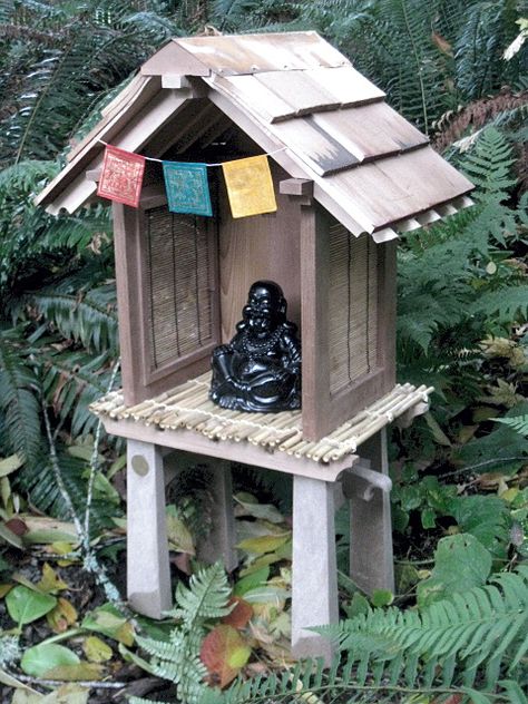 Finished and in place...Buddhist garden shrine by jancient, via Flickr Garden Shrine, Outdoor Altar, Wood Gardens, Miniature Fairy Garden Diy, Buddha Shrine, Spirit House, Prayer Garden, Beautiful Lifestyle, Buddha Garden