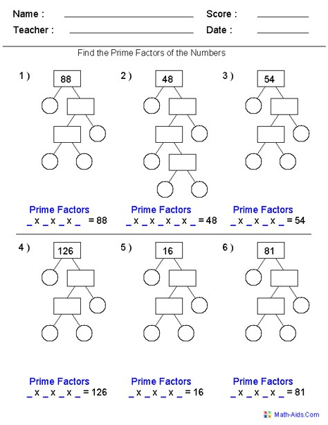 Prime Factorization Trees Factors Worksheets- Use for homework or in class assignment Prime Numbers Worksheet, Prime Factorization Worksheet, Factor Trees, Factors And Multiples, Greatest Common Factors, Prime Factorization, Common Factors, Communication Board, Fractions Worksheets