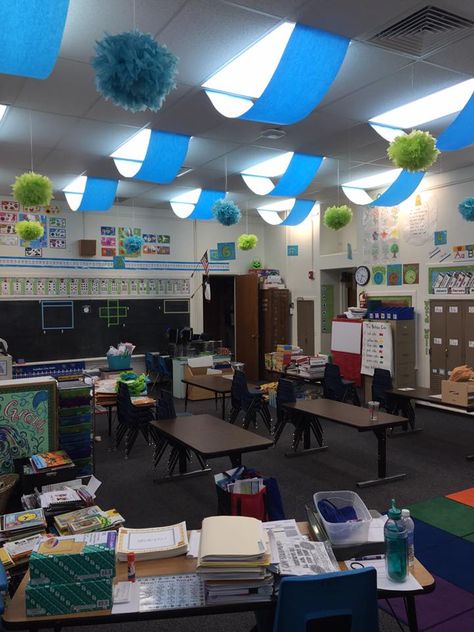 (Check fire code first!) Soften the harshness of fluorescent lights & make your classroom more engaging with swags made of bulletin board paper. Cut in half for the width and then 1 1/2 times the length of the light frame. Tuck in from the other side of the frame and scoop down far enough that they are not a fire hazard. Classroom Light Covers, Fluorescent Light Covers Diy, Florescent Light Cover, Classroom Lights, Classroom Lighting, Middle School Decor, Classroom Ceiling, Fluorescent Light Covers, Ceiling Light Covers