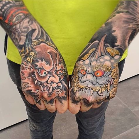 Stole this healed photo from my client @josh_mozzaa . Oni on the right hand done by the tat wizard @ryanussher Email -… Mascara Oni, Japanese Hand Tattoos, Bleach Tattoo, Traditional Hand Tattoo, Dragon Tattoo Sketch, Oni Tattoo, Tattoo Reference, Hand Tats, Fu Dog