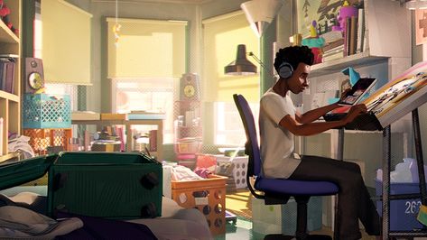 Miles Morales Official Art, Spiderman Into The Spiderverse Scenes, Spider Verse Scenes, Miles Morales Bedroom, Spiderverse Artstyle, Spiderverse Style, Spider Verse Art, Spiderverse Dr, Kasey Golden