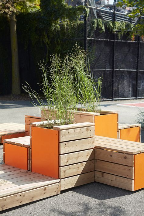 Untitled Benches, Patios, Planters in Arrangement (For Ennis Playground) - Michael Clyde Johnson Planter Bench, Outdoor Play Spaces, Patio Planters, Green Street, Urban Furniture, Bench Designs, Street Furniture, Pot Designs, Side Yard