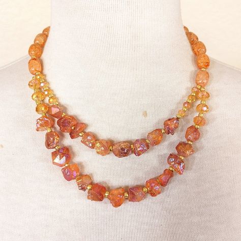 - New & Handmade - Materials: Orange Aurora Borealis Quartz, Orange Crackle Glass Beads, Gold Metallic Glass Beads, Gold Plated Lobster Clasp And Chain. - Length: Necklace: Top Strand 18" From End To End, Bottom Strand 20", With 3" Extender Chain Peach Necklace Rustic Necklace Orange Aurora, Peach Necklace, Rustic Necklace, Autumn Necklace, Necklace Top, Halloween Necklace, Orange Crystals, Double Strand Necklace, Length Necklace