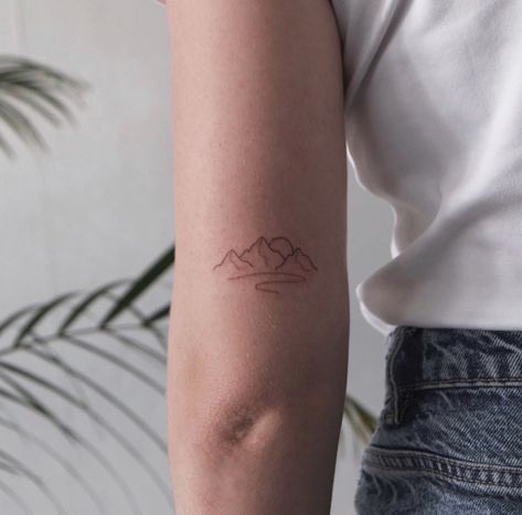 Whistler Mountain Tattoo, Fine Line River Tattoo, Ankle Mountain Tattoo, Canada Tattoo Ideas Simple, Icelandic Tattoo Ideas, Minimal Nature Tattoo, Mountain Tattoo Arm, Ecuador Tattoo, Minimalist Mountain Tattoo