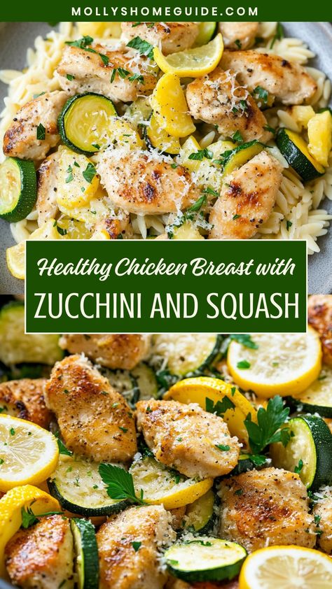 Indulge in a delightful dinner with this tasty recipe of juicy chicken breast paired perfectly with flavorful zucchini and squash. A wholesome meal that's easy to prepare and bursting with delicious flavors - perfect for a weeknight dinner or cozy weekend gathering. Elevate your dining experience with this nutritious dish that is as satisfying as it is delectable. Recipes With Chicken And Zucchini, Easy Healthy Chicken Recipes Quick, Healthy Dinner With Chicken Breast, Rotisserie Chicken And Zucchini Recipes, Chicken Squash Zucchini, Chicken And Squash Recipes, Meals With Zucchini, Squash Dinner Recipes, Chicken And Zucchini Recipes