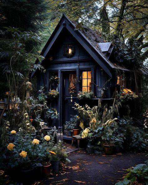 Goth Tiny House Interior, Dark Tiny House, Witchy Tiny House, Goth Tiny House, Goth Garden Aesthetic, Dark Forest House, Goth Cabin, Dark Garden Aesthetic, Witch House Exterior