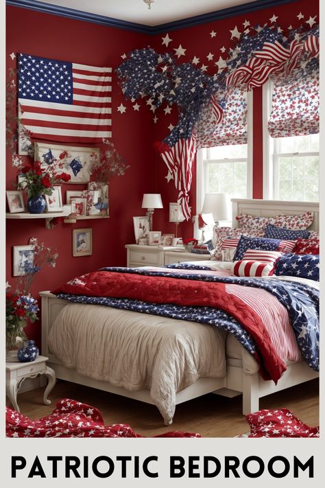 Step into a star-spangled bedroom oasis adorned with breathtaking Patriotic wall decor. The walls, painted in a royal shade of red, create a striking backdrop for American flags and star-studded garlands. The serene, white wooden bed is draped in luxuriously soft, cozy bedding, with navy blue and red blankets and patriotic-themed pillows. Gossamer curtains with star prints dance with the light from the sun-kissed windows. Red White And Blue Room Ideas Bedrooms, Red White And Blue Bedroom Ideas, Gossamer Curtains, Red White Blue Bedroom, Patriotic Bedroom Decor, Patriotic Bedroom Ideas, American Flag Bedroom, Red White And Blue Bedroom, Americana Interior Design