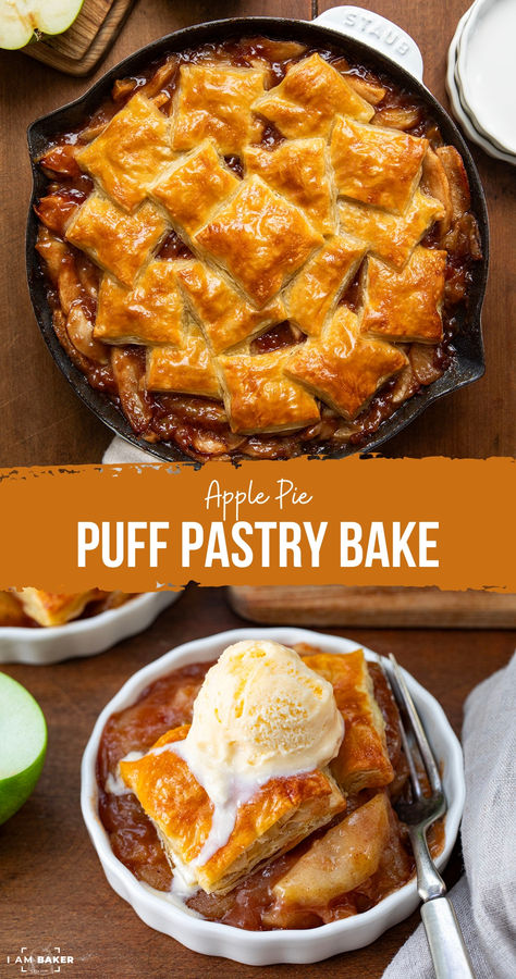 This Apple Pie Puff Pastry Bake is tart Granny Smith apples in a spiced, buttery filling, topped with golden, flaky puff pastry squares. As the dessert bakes, the puff pastry rises and becomes golden brown with the apple filling bubbling and peeking through. It looks fancy, but it is easy to put together and perfect for using up those apples from the apple orchard! Apple Pie Puff Pastry Pop Tarts, Apple Recipe With Puff Pastry, Apple Cobbler With Puff Pastry, Apple Pie With Puff Pastry Crust, Apple With Puff Pastry Recipe, Apple Desserts With Puff Pastry Sheets, Puff Pastry With Apples Recipes, Apple Pie Puff Pastry Desserts, Phillo Puff Pastry Apple