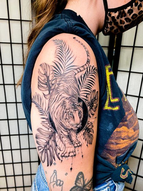 Tiger Leaves Tattoo, Shoulder Tiger Tattoos For Women, Tropical Themed Tattoos, Jungle Tiger Tattoo, Tiger With Leaves Tattoo, Tiger Jungle Tattoo, Shoulder Tiger Tattoo, Tiger Tattoo Shoulder, Jungle Tattoo Ideas