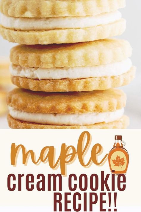 Buttery, maple-kissed shortbread cookies are sandwiched with a deliciously smooth maple buttercream for a simple-yet-scrumptious treat that embodies all the goodness of this season. An easy maple cream cookie to make for your holiday cookie swap this year! Add maple extract for a more intense flavor. Maple Shortbread Cookies Recipe, Maple Cookie Recipes, Maple Christmas Cookies, Maple Cream Cookies, Winter Cookies Recipes, Treats Aesthetic, Maple Sugar Cookies, Dump Desserts, Maple Buttercream Frosting