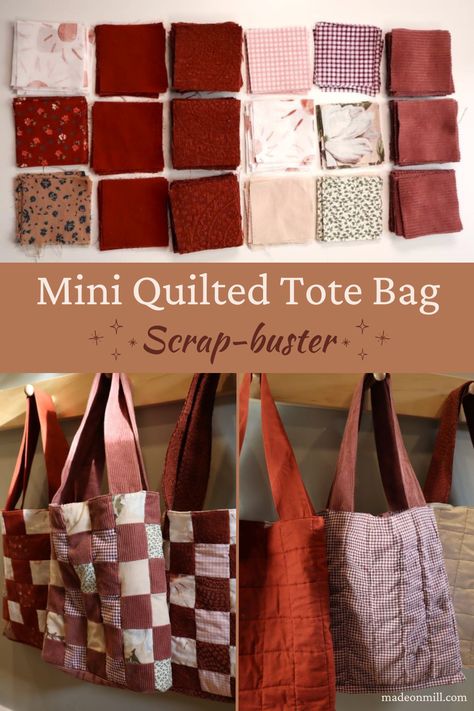 easy quilt block forms three mini tote bags Scrappy Bag Patterns, Fabric Stash Buster Projects, Quick Quilting Projects Gift, Upcycle Fabric Scraps, 4x4 Fabric Projects, Sewing Projects For Scraps, Easy First Quilting Project, Diy Fabric Decor, Homemade Sewn Gifts