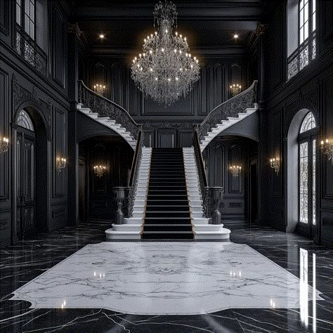 Modern Castle Interior, Rich House Aesthetic, Dark Interior Design Luxury, Dark Mansion Aesthetic, Black Luxury House, Black Manor, Dark Modern House, Mafia House, Dark Mansion