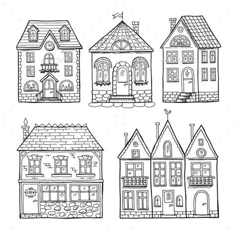 Funny doodle houses. Hand drawn vector illustration set. Architecture house sketch graphic, apartment building art Doodle Houses, House Doodle, Cute Little Houses, Building Illustration, House Sketch, Hand Drawn Vector Illustrations, House Illustration, Building Art, Funny Doodles