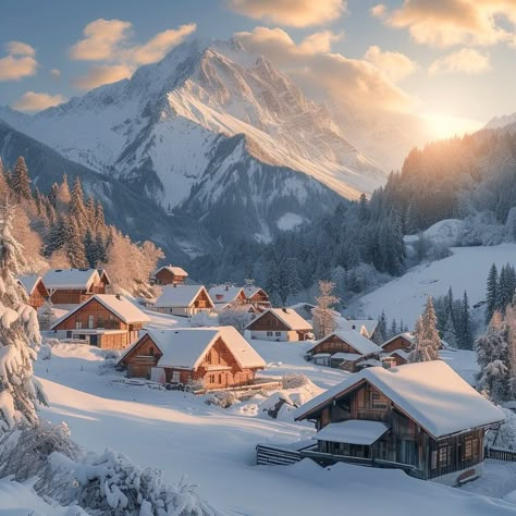 Winter Mountain Retreat: A tranquil mountain village blanketed in snow, bathed in the warm glow of the sunrise. #snow #mountains #sunrise #village #winter #aiart #aiphoto #stockcake ⬇️ Download and 📝 Prompt 👉 https://ayr.app/l/Sppf Snow Places, Minecraft Mountain, Ceramic Village, Design Effects, Mountains Sunrise, Ski Village, Snowy Field, Snow Place, Snow Mountains